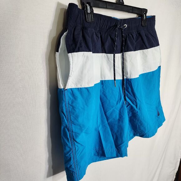 Nautica Men Swim Short Trunks Large Quick Dry Performance Blue Colorblock Pocket - Picture 3 of 9